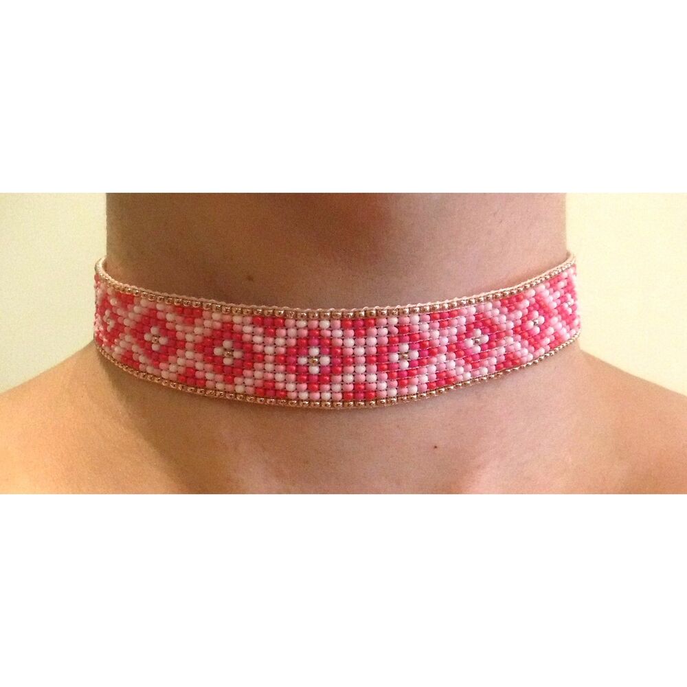 Loom Beaded Choker Necklace Pinks and Rose Gold